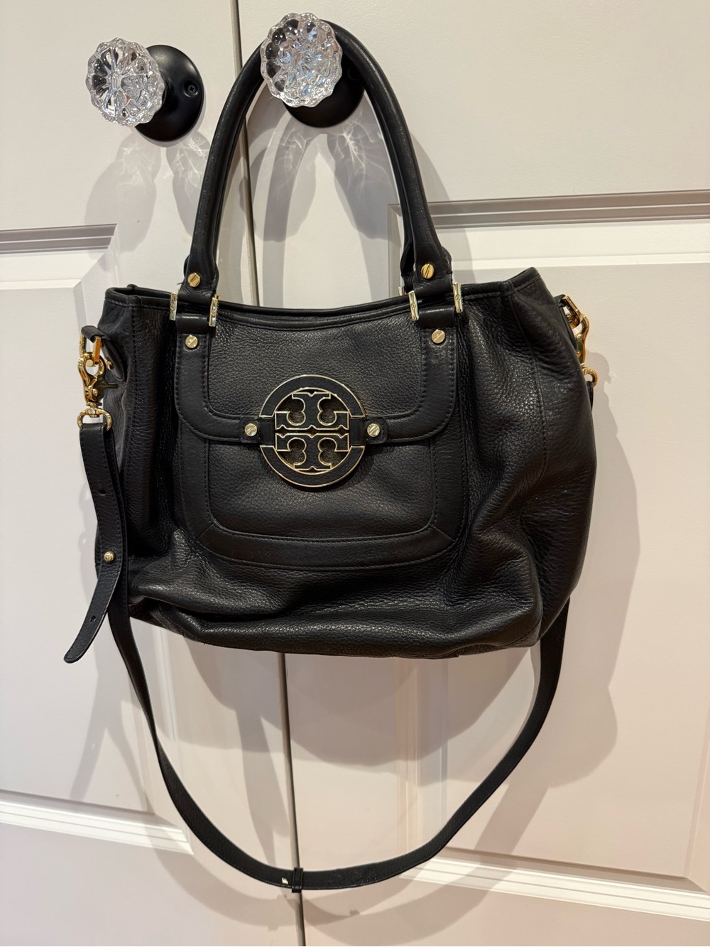 Tory Burch Black Pebbled Leather Satchel with Gold Logo